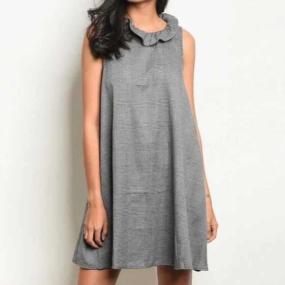 Grey Plaid Ruffle Neck Dress - Picture 1 of 3